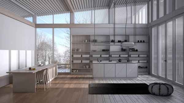 Architekt Innenarchitekturkonzept: unvollendetes Projekt, das Wirklichkeit wird, moderne Küche mit Insel, Hocker, Parkett, Wellblechdach, Panoramafenster, minimalistisches Design — Stockfoto