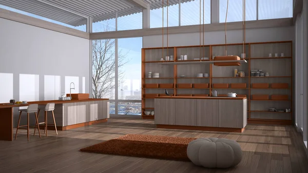 Cozinha moderna de madeira cor de laranja com ilha, bancos, carpete e acessórios, parquet, telhado de folha ondulada, janelas panorâmicas na vista de inverno, neve, design de interiores minimalista — Fotografia de Stock