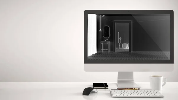 Concept de projet de maison d'architecte, ordinateur de bureau sur fond blanc, bureau montrant croquis CAO, salle de bains moderne avec lavabo et miroir, idée de design d'intérieur avec espace de copie — Photo