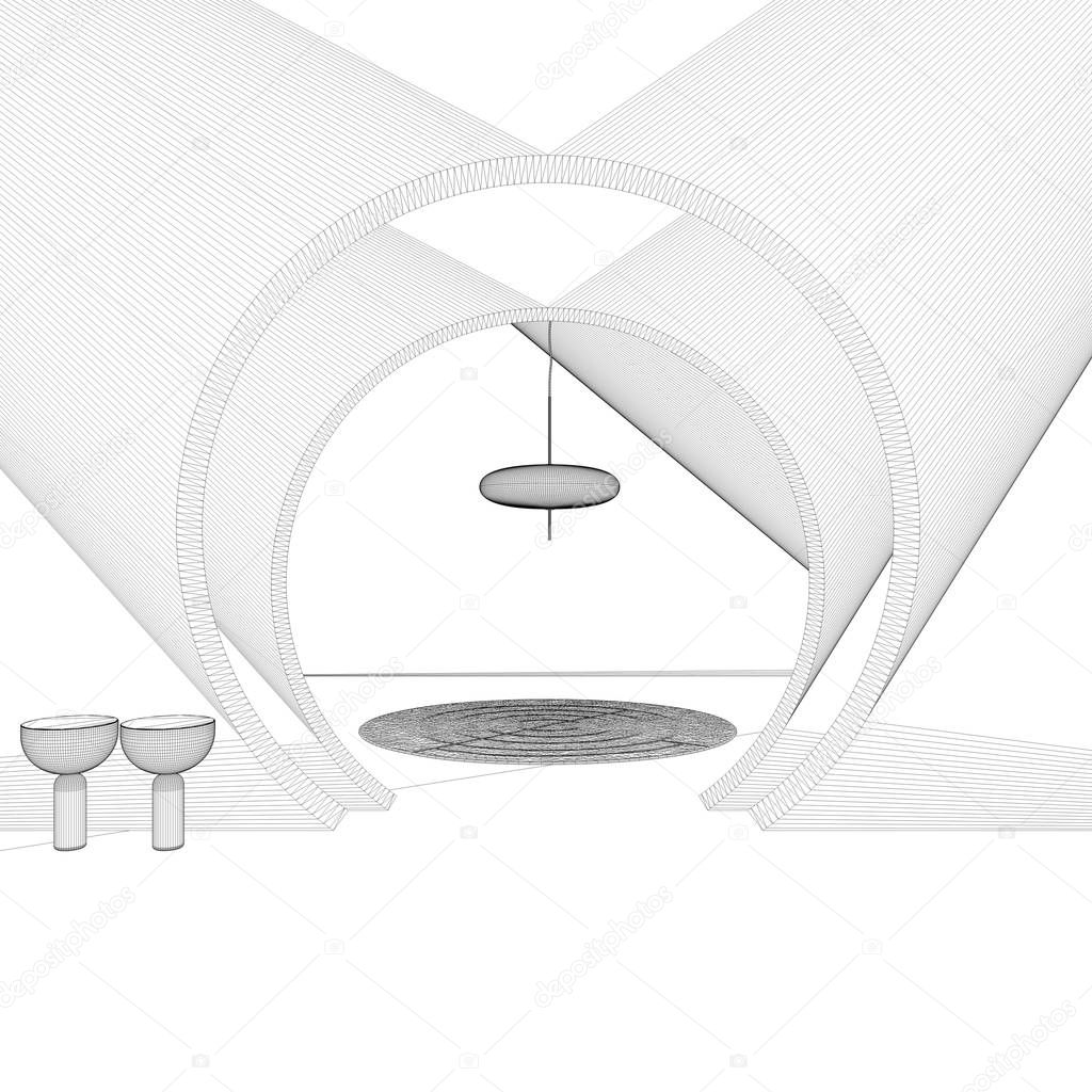 Blueprint project draft, classic metaphysics interior design, lobby, hall with round carpet and copper pendant lamp, abstract empty space, archway, architecture concept project idea