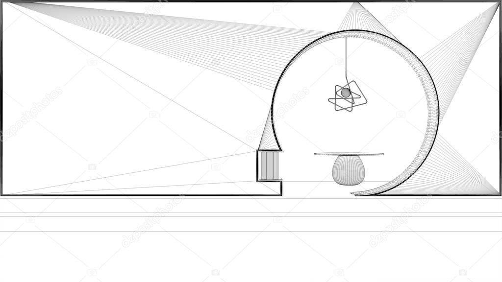 Blueprint project draft, classic metaphysics interior design, lobby, hall, round table and pendant lamp, abstract empty space, archway with stucco walls, architecture concept project
