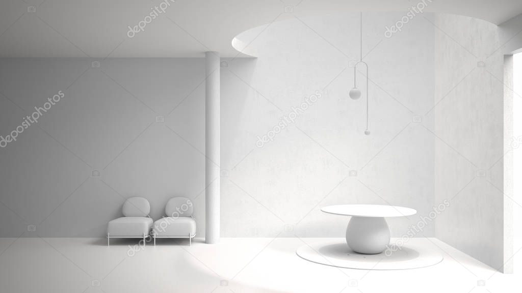 Total white project draft, classic metaphysics interior design, lobby, hall, round table and pendant lamp, armchairs, living, empty space, stucco walls, architecture concept project