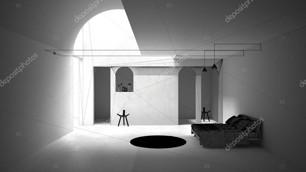 Unfinished project draft of classic concrete interior space, sun light that cast shadow on the wall, bedroom with bed and round carpet, geometric structures design, lamps and chairs