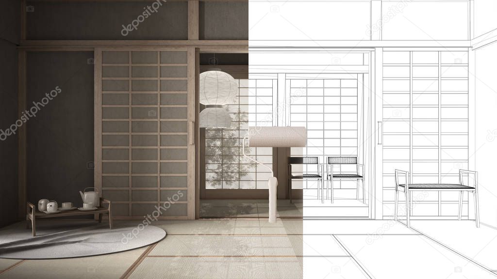 Paint roller painting interior design blueprint sketch background while the space becomes real showing eastern lounge. Before and after concept, architect designer creative work flow