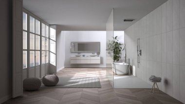 Parke zeminli bej renkli banyo, panoramik pencere, banyo ve serbest banyo, puflu halı, çift lavabo, saksı, minimalist iç tasarım.