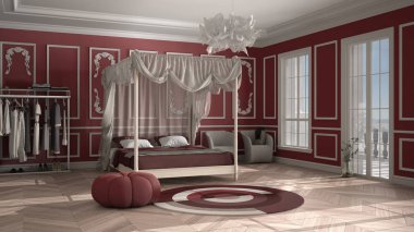 Klasik lüks yatak odası, otel odası, herringbone parke, sıva kalıplı duvarlar, yastıklı ve battaniyeli çift kanopi yatağı, yuvarlak halı, puf, koltuk, kırmızı iç tasarım.