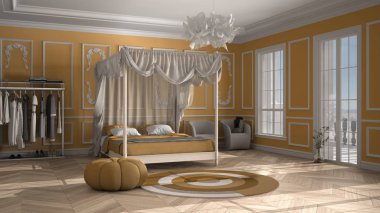Klasik lüks yatak odası, otel odası, herringbone parke, sıva kalıplı duvarlar, yastıklı ve battaniyeli çift kanopi yatak, yuvarlak halı, koltuk, sarı renkli iç tasarım.