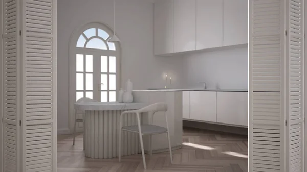 Ada ve sandalyeli minimalist klasik mutfakta beyaz katlı kapı açılıyor, kemerli panoramik pencere, parke, beyaz iç tasarım, mimar tasarımcısı konsepti, bulanık arkaplan — Stok fotoğraf