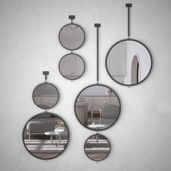 Round mirrors hanging on the wall reflecting interior design scene, minimalist classic white living room and kitchen, modern architecture concept idea