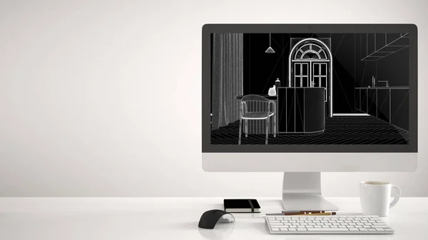 Arkitekt hus projekt koncept, stationär dator på vit bakgrund, skrivbord visar Cad skiss, klassiskt kök med ö och stolar inredning — Stockfoto