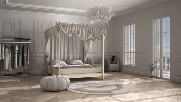 Классическая роскошная спальня, гостиничный номер, паркет из кости, лепнина на стенах, двуспальная кровать с балдахином с подушками и одеялами, круглый ковер с пуфом, кресло, белый дизайн интерьера — стоковое фото