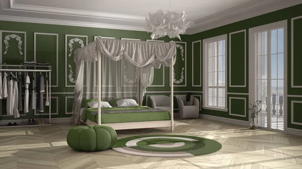 Klasik lüks yatak odası, otel odası, herringbone parke, sıva kalıplı duvarlar, yastıklı ve battaniyeli çift kanopi yatak, yuvarlak halı, koltuk, yeşil renkli iç tasarım. — Stok fotoğraf