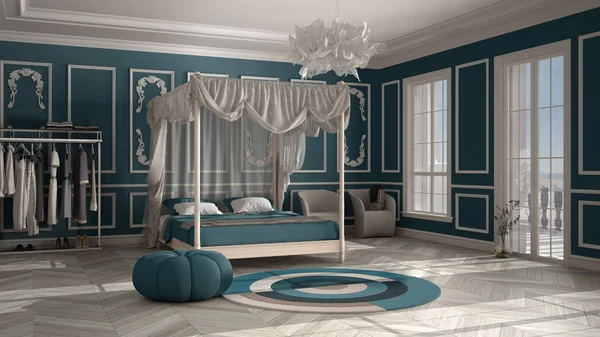 Classic luxury bedroom, hotel suite, herringbone parquet, stucco molded walls, double canopy bed with pillows and blankets, round carpet, armchair, blue colored interior design
