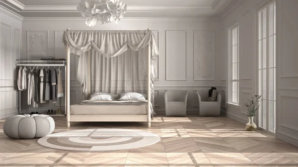 Классическая роскошная спальня, гостиничный номер, паркет из кости, лепнина на стенах, двуспальная кровать с балдахином с подушками и одеялами, круглый ковер с пуфом, кресло, белый дизайн интерьера — стоковое фото
