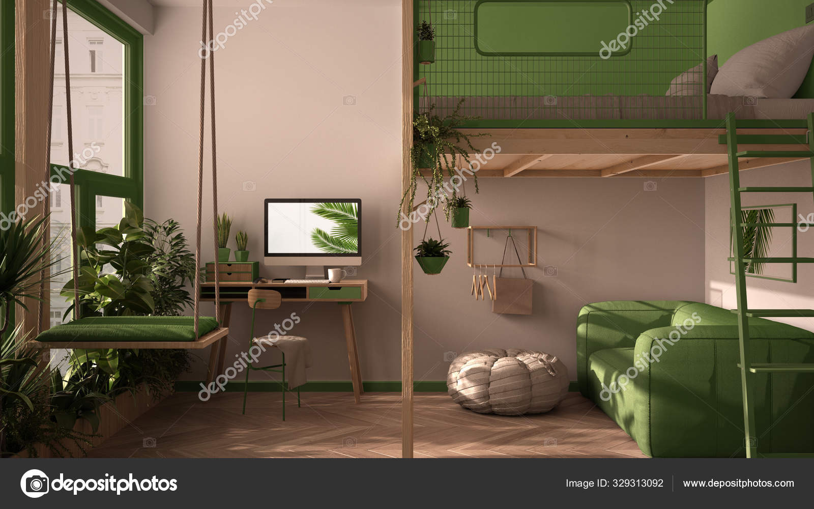 Minimalist studio apartment with loft bunk double bed mezzanine swing. Living room with sofa home workplace desk computer. Windows with plants white and green interior design Stock Photo ArchiVIz 3293...