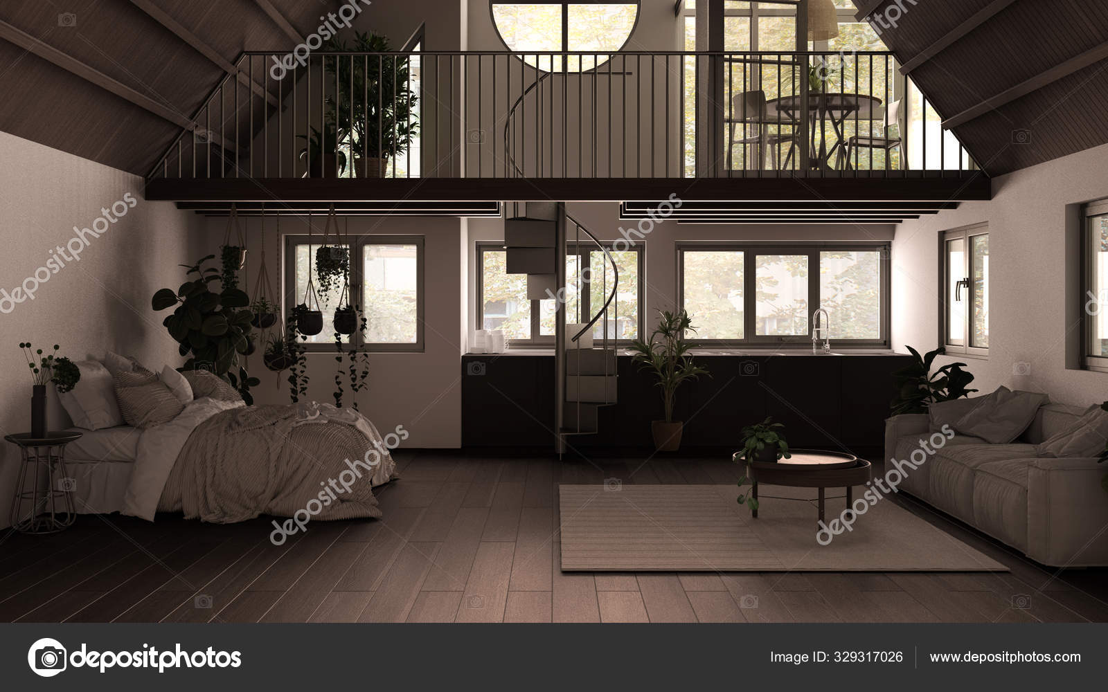 Modern Loft With Mezzanine And Staircase Parquet Floor And