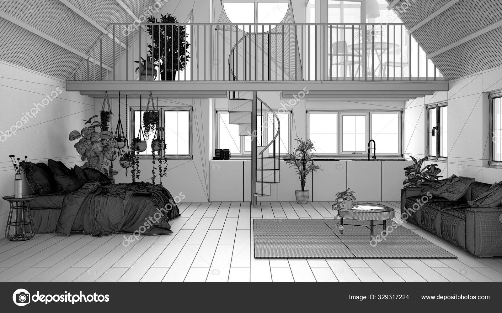 Unfertiger Projektentwurf Dachboden Mit Zwischengeschoss Und Treppe Parkett Fenster Einzimmerwohnung Offener Raum Schlafzimmer Wohnzimmer Kuche Und Balkonterrasse Weisser Innenausbau Stockfoto C Archiviz 329317224