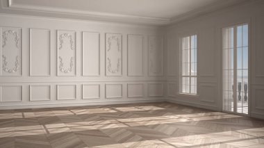 Boş oda iç tasarımı, kaplaması ve parke ahşap zemini olan beyaz duvarları olan açık alan klasik modern mimari, insan yok, kopyalama alanı ile taklit edilmiş.