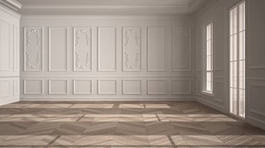 Boş oda iç tasarımı, kaplaması ve parke ahşap zemini olan beyaz duvarları olan açık alan klasik modern mimari, insan yok, kopyalama alanı ile taklit edilmiş.