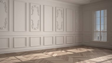 Boş oda iç tasarımı, kaplaması ve parke ahşap zemini olan beyaz duvarları olan açık alan klasik modern mimari, insan yok, kopyalama alanı ile taklit edilmiş.