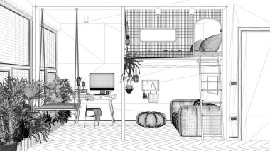 Proje taslağı, minimalist stüdyo daire çift kişilik ranza ve salıncak. Kanepeli oturma odası, masalı iş yeri. Saksı bitkileri olan pencereler, iç tasarım