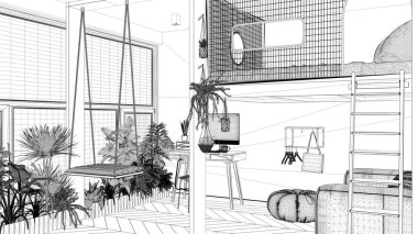 Proje taslağı, minimalist stüdyo daire çift kişilik ranza ve salıncak. Kanepeli oturma odası, masalı iş yeri. Saksı bitkileri olan pencereler, iç tasarım