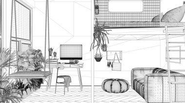 Proje taslağı, minimalist stüdyo daire çift kişilik ranza ve salıncak. Kanepeli oturma odası, masalı iş yeri. Saksı bitkileri olan pencereler, iç tasarım