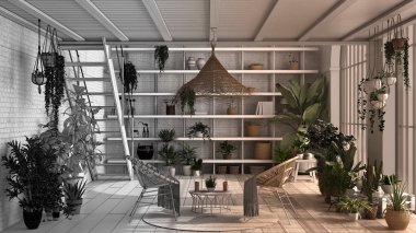 Mimar iç mimar konsepti: tamamlanmamış proje gerçek, modern konservatuar haline geliyor, kış bahçesi iç tasarımı, dinlenme odası, koltuklar. Saksı bitkileriyle dolu dinlenme alanı