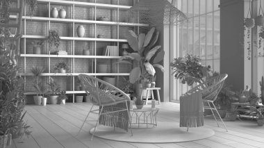 Tamamen beyaz proje taslağı, modern konservatuar, kış bahçesi iç tasarımı, rattan koltuklarla dolu bir salon. Merdivenli asma kat, parke zemin. Saksı bitkileriyle dolu dinlenme alanı