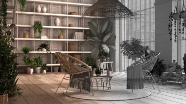 Mimar iç mimar konsepti: tamamlanmamış proje gerçek, modern konservatuar haline geliyor, kış bahçesi iç tasarımı, dinlenme odası, koltuklar. Saksı bitkileriyle dolu dinlenme alanı