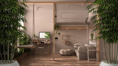 Ahşap eski masa ya da taş dengeli raf, tavan arası çift yatak, asma kat, salıncak, feng shui, zen konsept iç tasarım ile bulanık modern stüdyo daire