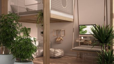 Ahşap eski masa ya da taş dengeli raf, tavan arası çift yatak, asma kat, salıncak, feng shui, zen konsept iç tasarım ile bulanık modern stüdyo daire