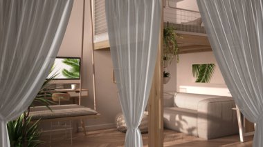 Beyaz açılışlar yaratıcı stüdyo daireyi, iç tasarım arka planını, kırpma yolunu, dikey kıvrımları, yumuşak tül tekstil dokusunu, kopya alanı olan sahne konseptini kaplar.