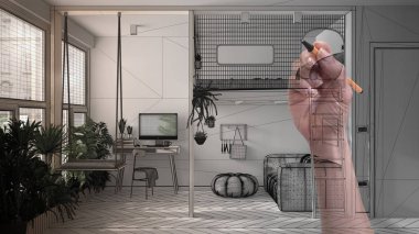 El yapımı minimalist stüdyo daire, çift kişilik yatak, asma kat, salıncak. Kanepeli oturma odası. Tamamlanmamış proje mimarisi iç tasarım