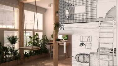 Boya patencisi iç tasarım tasarım taslağı arka plan çizimi. Bu arada stüdyo dairesinin ranzası gerçek oluyor. Önce ve sonra konsept, mimar tasarımcı yaratıcı