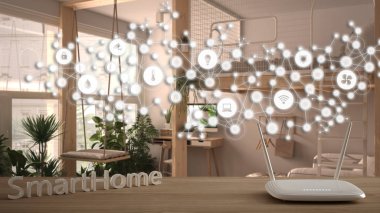 Wi-Fi kablosuz yönlendirici ahşap masa, akıllı ev, geometrik arkaplan bağlı çizgi ve noktalar şeylerin interneti, ev otomasyonu konsepti modern yatak odası üzerinde