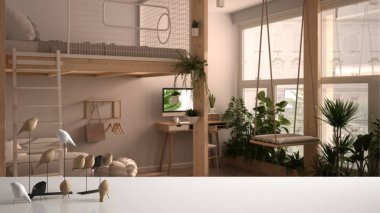 Beyaz masa üstü ya da rafta minimalist kuş süsü, birdie knick - tavan arası yataklı bulanık stüdyo daire, salıncaklı asma kat, modern iç tasarım
