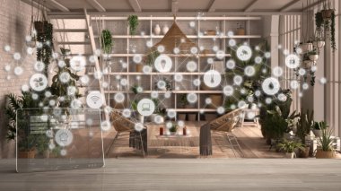 Tablet kablosuz, akıllı ev uygulamalı ahşap masa, geometrik arkaplan bağlı çizgi ve noktalar şeylerin internetini gösteriyor, konservatuar üzerinde ev otomasyon kavramı