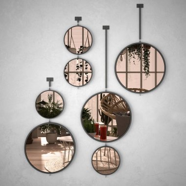 Duvarda asılı duran yuvarlak aynalar iç tasarım sahnesini yansıtıyor. Minimalist beyaz modern konservatuar. Kışlık bahçe salonu.