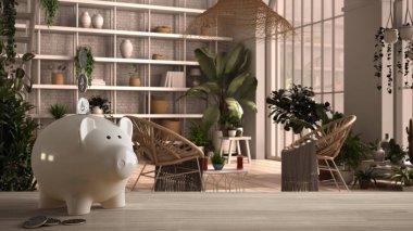 Beyaz kumbaralı ahşap masa ya da raf bozukluklu, modern konservatuvarlı, kış bahçesi, dinlenme odası, pahalı iç dekorasyon, yenileme konsepti mimarisi