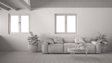 Tamamen beyaz proje taslağı, kır evi oturma odası, ahşap çatılı bir salon. Yastık, halı ve bitkilerle rahat bir kanepe, parke ve pencereler, modern beyaz iç tasarım