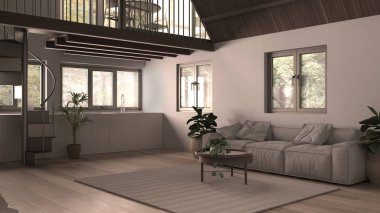 Asma kat, merdiven, parke zemin ve panoramik pencereli modern çatı katı. Stüdyo daire, açık alan, oturma odası, kanepe, mutfak ve teras, beyaz iç tasarım.