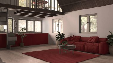 Asma kat, merdiven, parke zemin ve panoramik pencereli modern çatı katı. Stüdyo daire, açık alan, oturma odası, kanepe, mutfak ve teras, beyaz ve kırmızı iç tasarım.