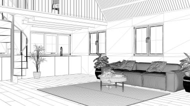 Proje taslağı, asma katlı ve merdivenli modern çatı katı, parke ve pencereli. Stüdyo daire, açık alan, oturma odası, kanepe, mutfak ve teras, beyaz iç tasarım.