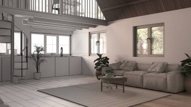 Mimar iç mimar konsepti: tamamlanmamış proje gerçek oluyor, asma katı, merdiveni, parke, penceresi olan modern çatı katı. Stüdyo daire, oturma odası, mutfak ve teras.