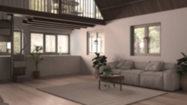 Arka plan bulanık: Asma kat, merdiven, parke ve pencereli modern çatı katı. Stüdyo daire, açık alan, oturma odası, kanepe, mutfak ve teras.