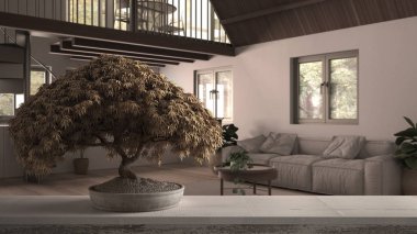 Saksı çiçekli ahşap masa rafı, bej yapraklar, çiçekler, kırsaldaki stüdyo daire, yatak, mutfak, modern iç tasarım, zen temiz mimari konsept fikri