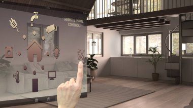 Akıllı ev kontrol konsepti, mobil uygulamadan el kontrollü dijital arayüz. Arka plan bulanık. Mutfak, tavan arası, mimari iç tasarımı olan köy oturma odasını gösteriyor.