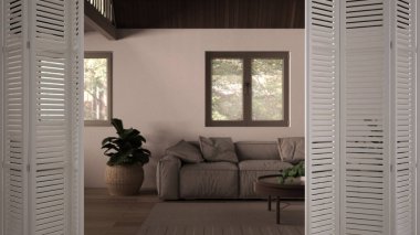 Beyaz katlanır kapı kırsal oturma odasında açılıyor, ahşap çatılı dinlenme odası, asma kat. Rahat kanepe, yastıklar, iç tasarım, mimar tasarım konsepti, bulanık arkaplan