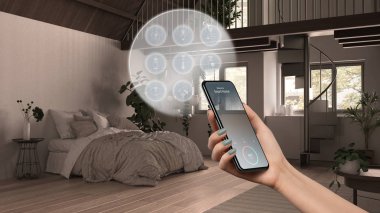 Telefon uygulamasında akıllı ev teknolojisi arayüzü, artırılmış gerçeklik, şeylerin interneti, bağlı nesnelerle yatak odasının iç tasarımı, kadın uzaktan kumanda cihazı